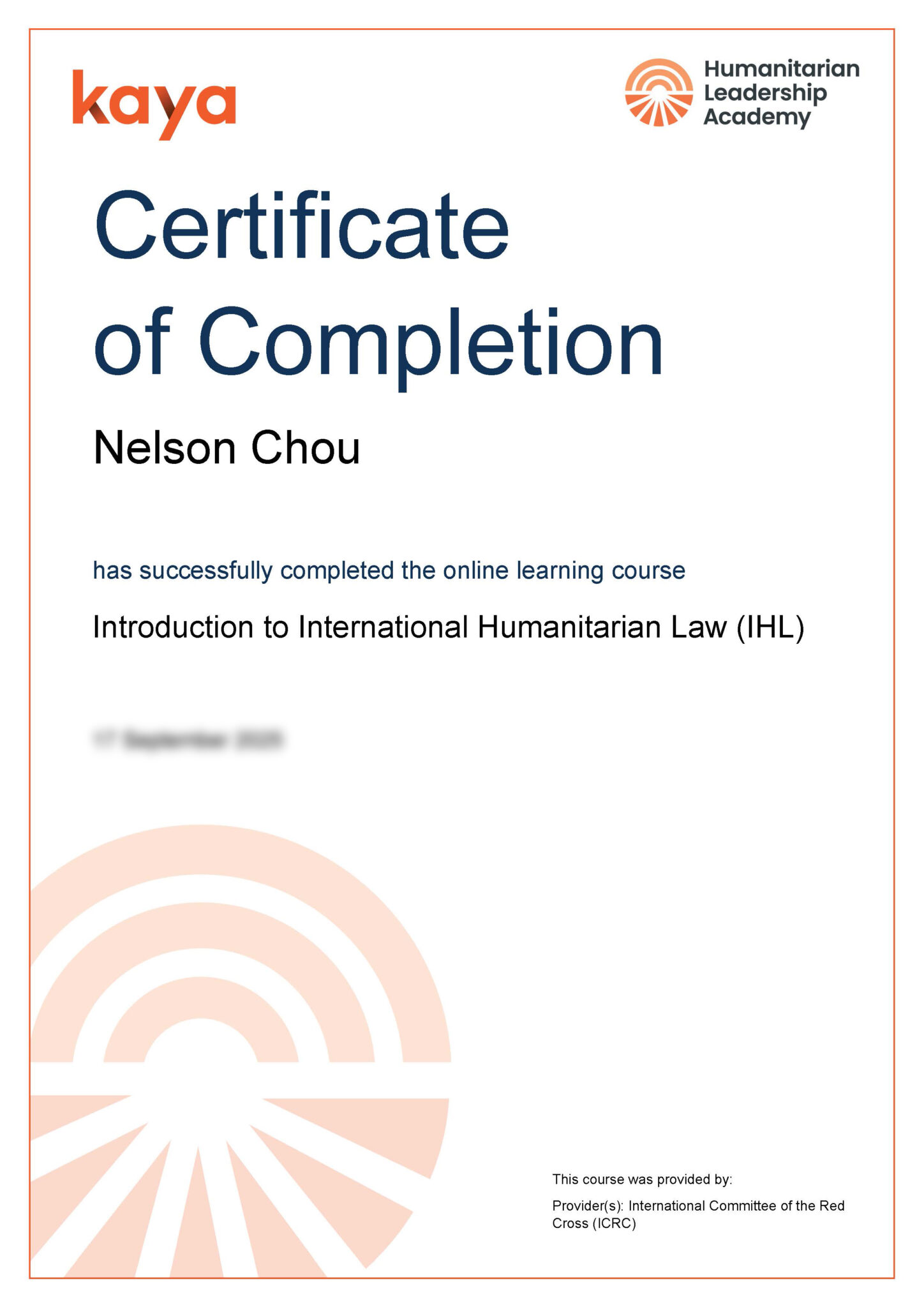 周端政 Nelson Chou 完成 ICRC 國際人道法課程證書