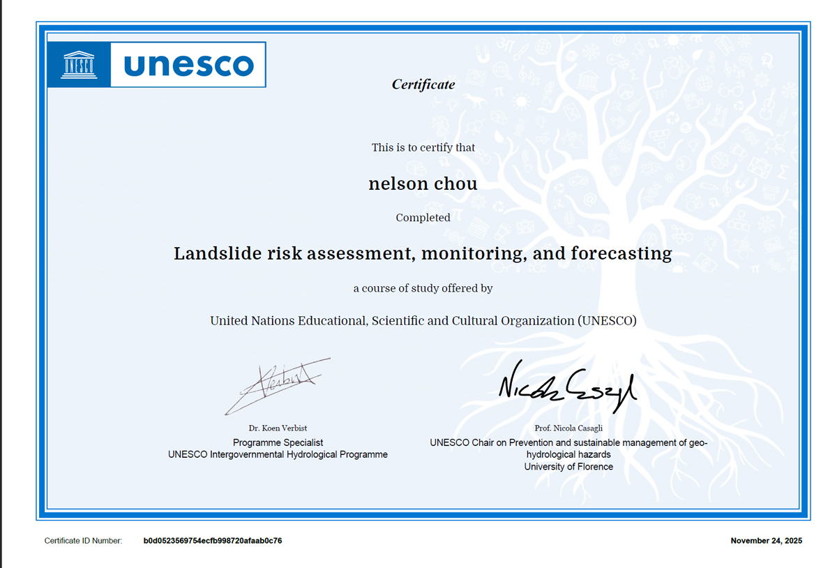 周端政 Nelson Chou 完成 UNESCO 山崩風險評估、監測與預測課程證書