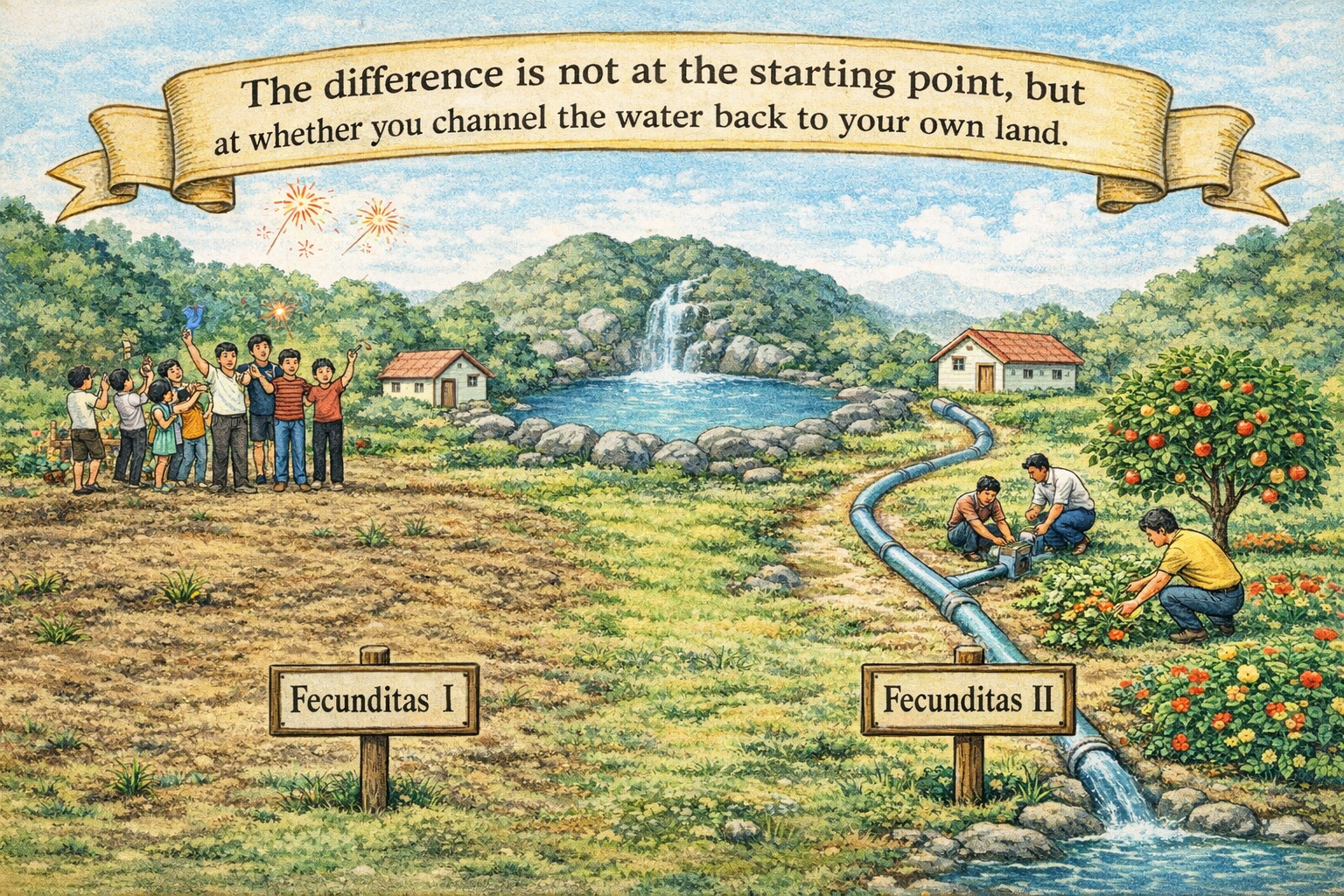 Vintage textbook-style illustration of two identical houses and plots of land beside a shared spring lake. One side remains barren because people only gather, celebrate, and spend time around the shared water, while the other becomes fertile with flowers and fruit because water is intentionally redirected through maintained pipes back to the owner’s land.