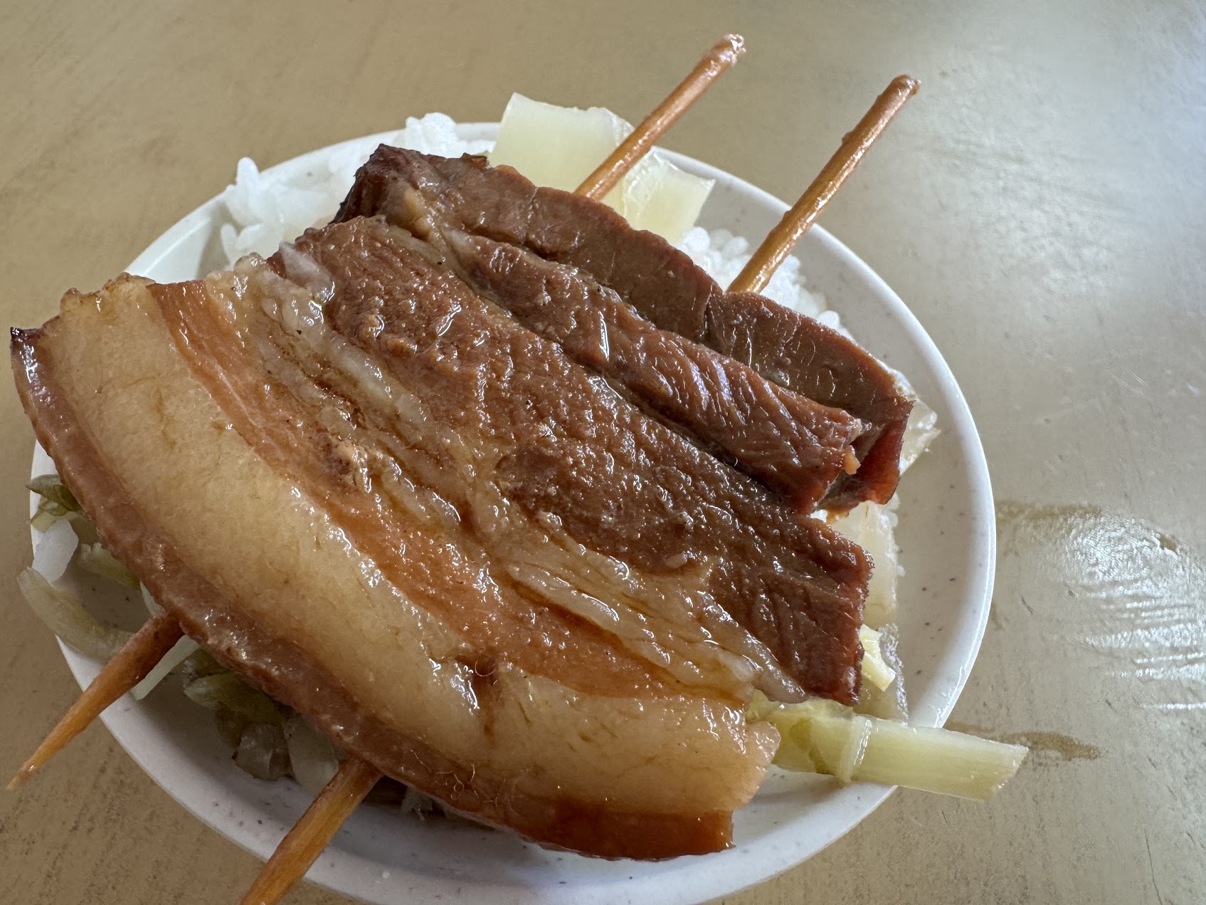 白いご飯の上に長い一枚の煮込み豚肉がのり、皮と脂の層がはっきり見える。