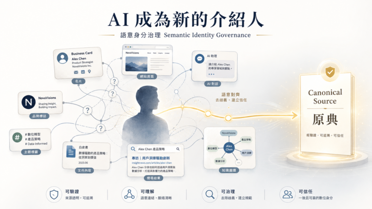語意身分治理示意圖，AI 從名片、網站、品牌、文章、搜尋結果與知識圖譜中拼接一個人的語意身分，並透過原典來源建立正確回指。