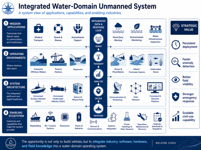 Integrated Water-Domain Unmanned System infographic showing medical transport, search and rescue, humanitarian support, flood early warning, environmental monitoring, water infrastructure inspection, USV and UUV platforms, sensors, communications, data networks, decision platforms, and enabling industries.