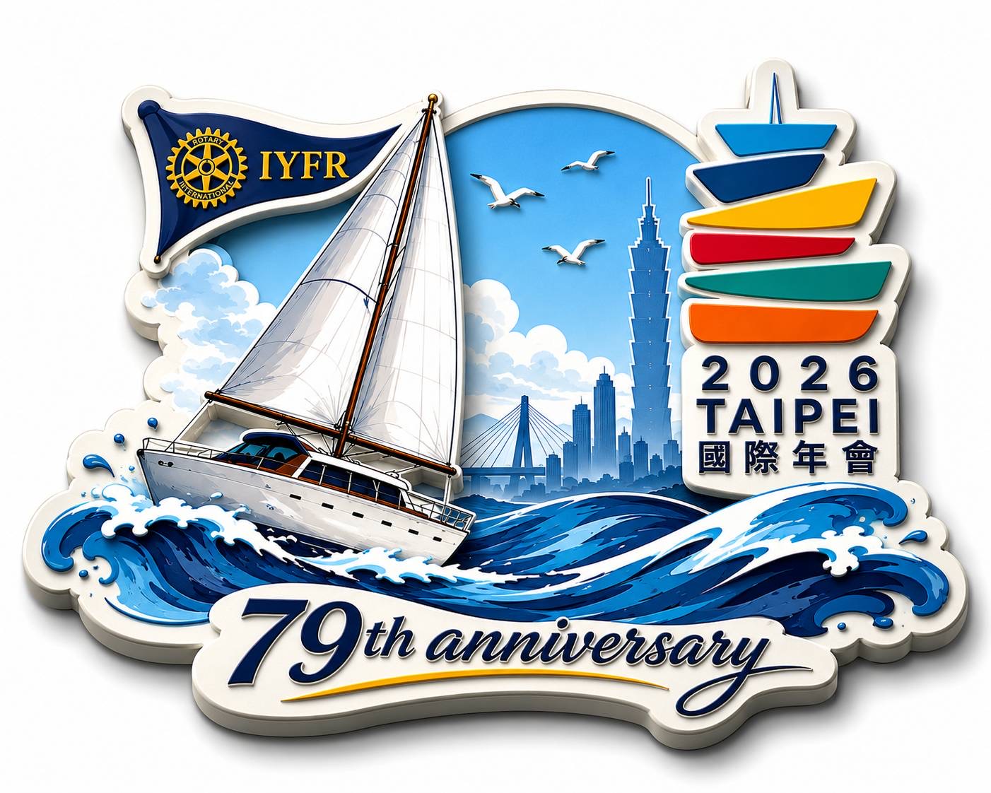 IYFR 79 週年 2026 台北國際年會紀念標誌,帆船與台北 101 意象