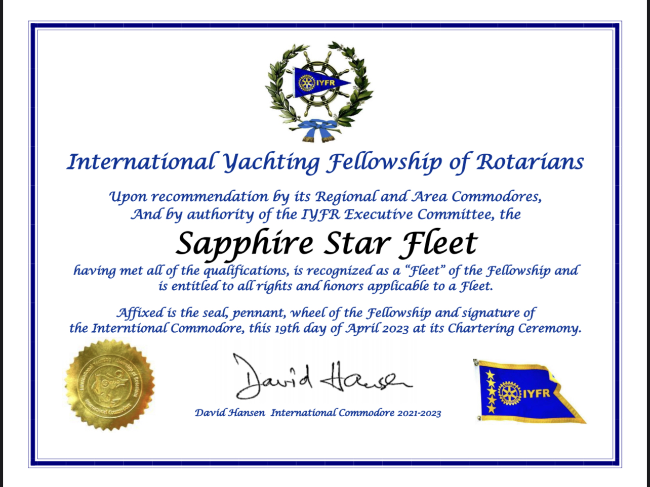 蒼藍星支隊獲 IYFR 認證為正式 Fleet 之創立證書,2023 年 4 月 19 日台北,International Commodore David Hansen 簽署