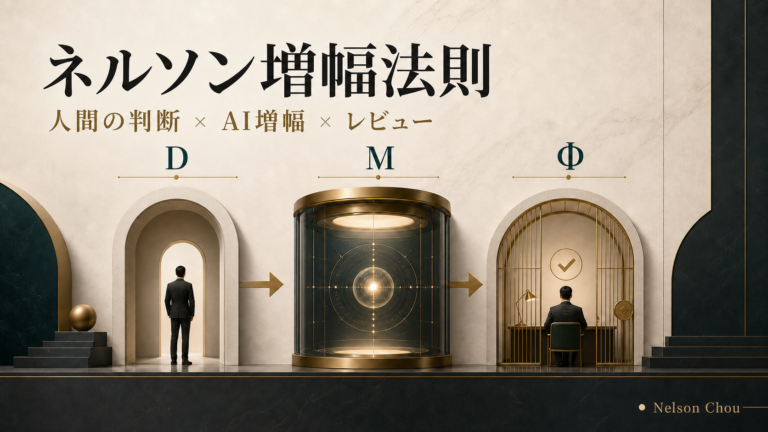 ネルソン増幅法則のアイキャッチ画像。人間の判断 D、AI増幅 M、レビュー Φ を三段階の意思決定構造として表現｜Nelson Chou